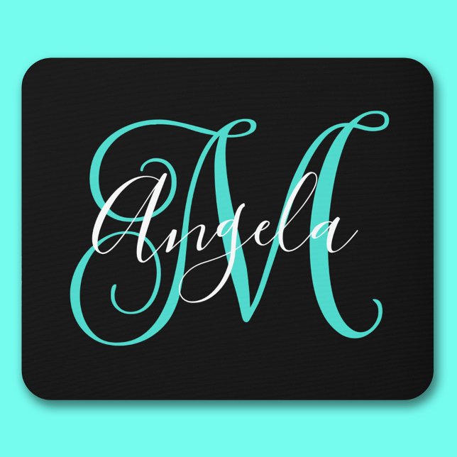 Mousepad Monograma preto-branco e turquesa-preto Elegante (Elegant Script Black White and Turquoise Monogram Mouse Pad)