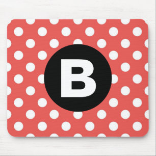 Mousepad Monograma Preto com Padrão de Bolinhas Vermelha