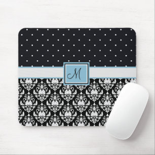Mousepad Monograma Preto e Branco em Damasco e Bolinhas