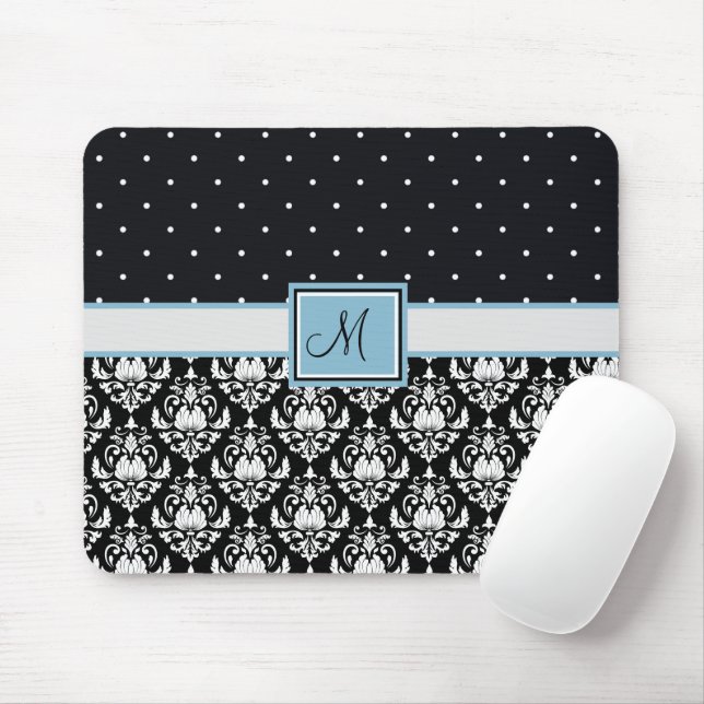 Mousepad Monograma Preto e Branco em Damasco e Bolinhas (Com mouse)