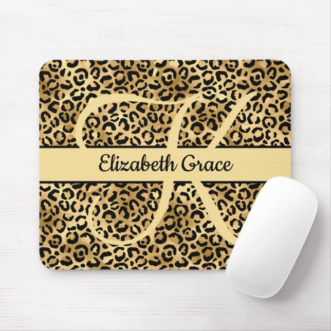 Mousepad Monograma preto Leopardo-Dourado Imprime Cheetah A (Com mouse)