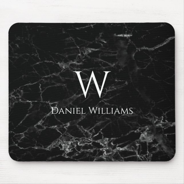 Mousepad Monograma preto Marble White Name Modern Elegante (Frente)