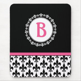 Mousepad Monograma preto rosa Fleur de Lis