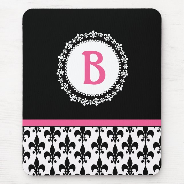 Mousepad Monograma preto rosa Fleur de Lis (Frente)