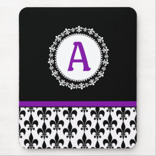 Mousepad Monograma preto roxo Fleur de Lis