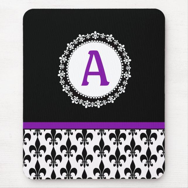 Mousepad Monograma preto roxo Fleur de Lis (Frente)