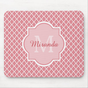 Mousepad Monograma Quatrefoil Cor-De-Rosa Chic Com Nome