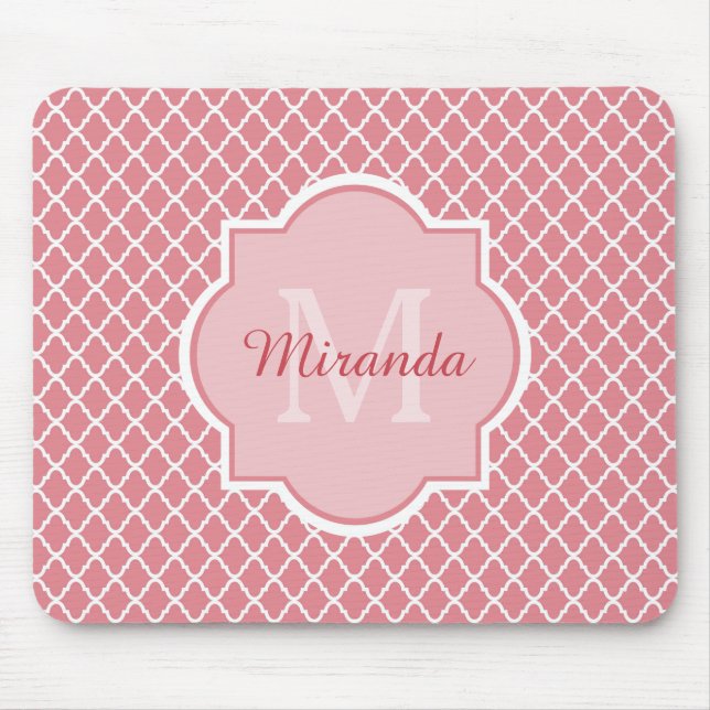 Mousepad Monograma Quatrefoil Cor-De-Rosa Chic Com Nome (Frente)