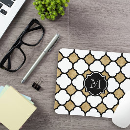 Mousepad Monograma Quatrefoil Geométrico Dourado Preto Bran