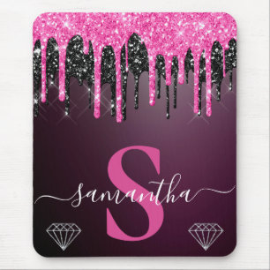 Mousepad Monograma Quente Rosa e Preto com Glitter Pingando