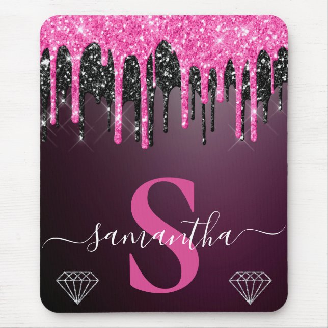 Mousepad Monograma Quente Rosa e Preto com Glitter Pingando (Frente)