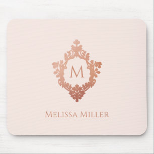 Mousepad Monograma Rosa Bege Dourado Crista Nome Elegante
