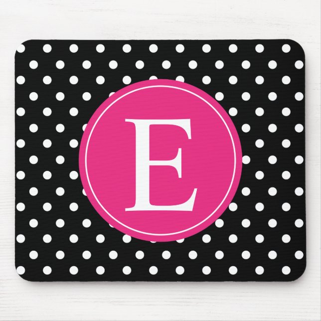 Mousepad Monograma Rosa Bolinhas Preto (Frente)