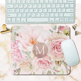 Mousepad Monograma Rosa Dourado Blush Cor de Água Floral Ro