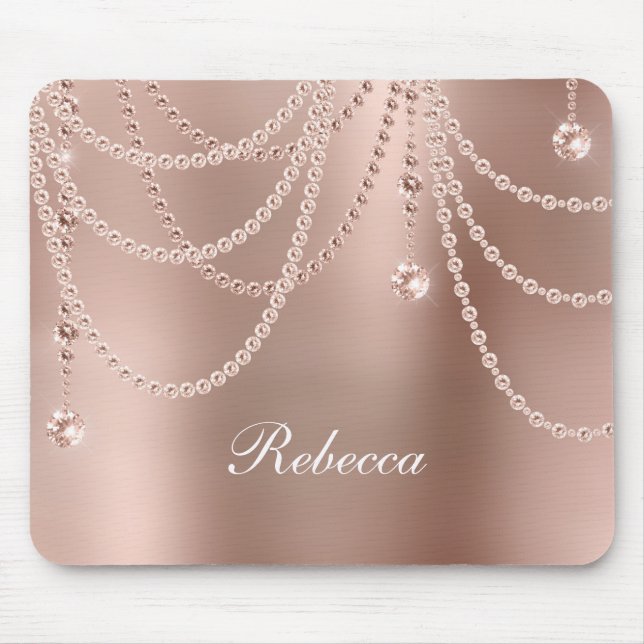 Mousepad Monograma Rosa Dourado Pérolas Diamantes Bling Gla (Frente)