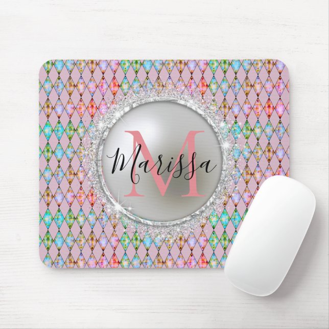 Mousepad Monograma, Rosa e Harlequin Verde (Com mouse)