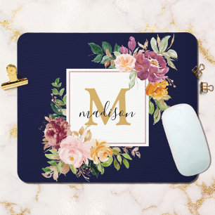 Mousepad Monograma Rosa Floral Botânica Elegante em Aquarel