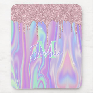 Mousepad Monograma Rosa Metálico Luminoso Dourado e Iridesc