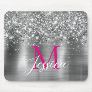 Mousepad Monograma Rosa Quente com Folha de Folha de Silver