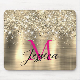 Mousepad Monograma Rosa Quente de Folha de Ouro Chic Faux G