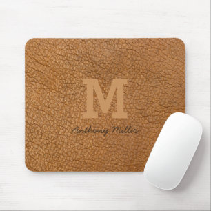 Mousepad Monograma Rustic Brown Leather Name Script Modern
