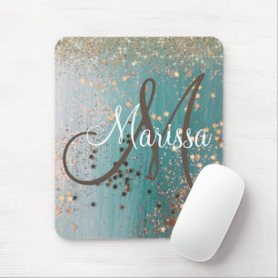 Mousepad Monograma Shimmery Douradas Estrelas no Teal