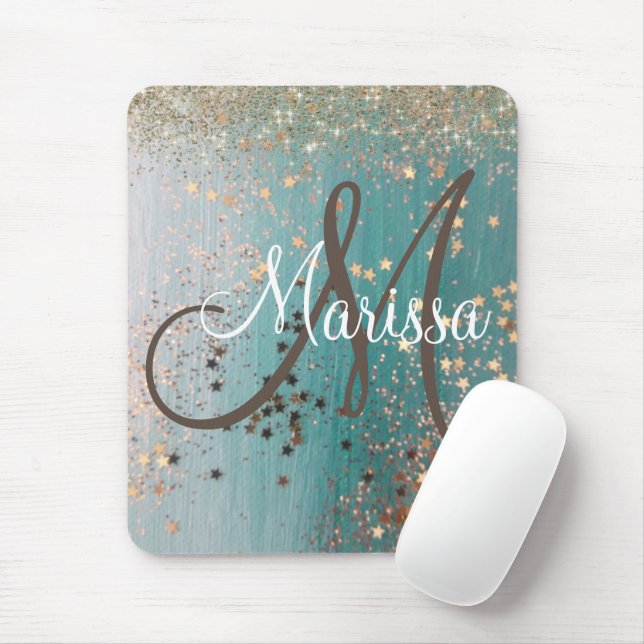 Mousepad Monograma Shimmery Douradas Estrelas no Teal (Com mouse)