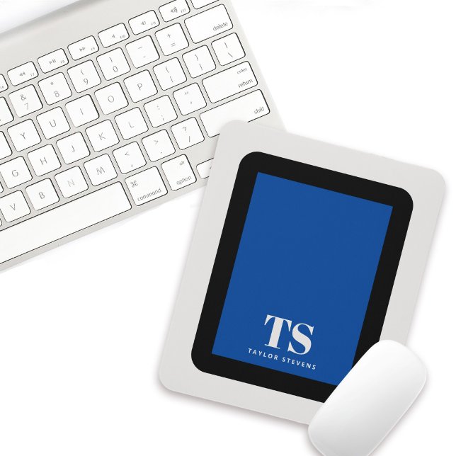 Mousepad Monograma Simples e Elegante com Bloco de Cor Azul (Criador carregado)