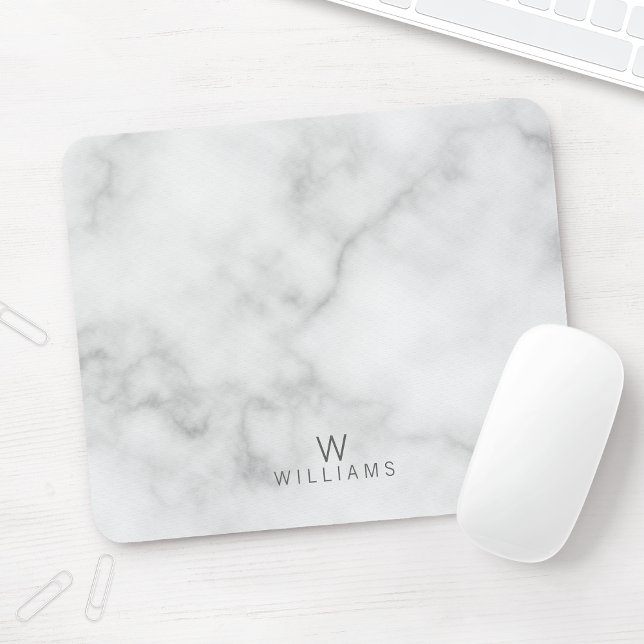 Mousepad Monograma Simples Moderno Mínimo de Mármaco Branco (Criador carregado)