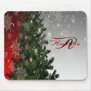 Mousepad Monograma Verde Árvore Vermelha Floco de Neve