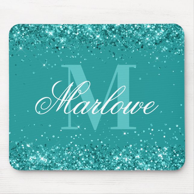 Mousepad Monograma verde azul brilhante Elegante (Frente)