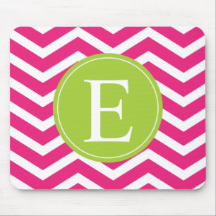 Mousepad Monograma Verde Chevron Branco Rosa Quente