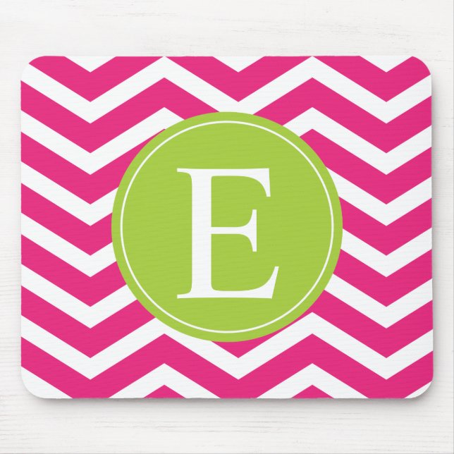 Mousepad Monograma Verde Chevron Branco Rosa Quente (Frente)