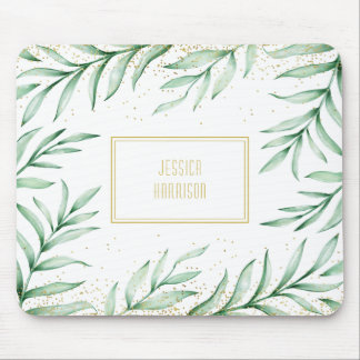 Mousepad Monograma Verde Elegante Folhas de Aquarela