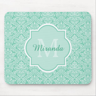 Mousepad Monograma verde Na moda Damask Com Nome