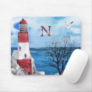 Mousepad Monograma Vermelho e Azul Farol Arte de Aquarela