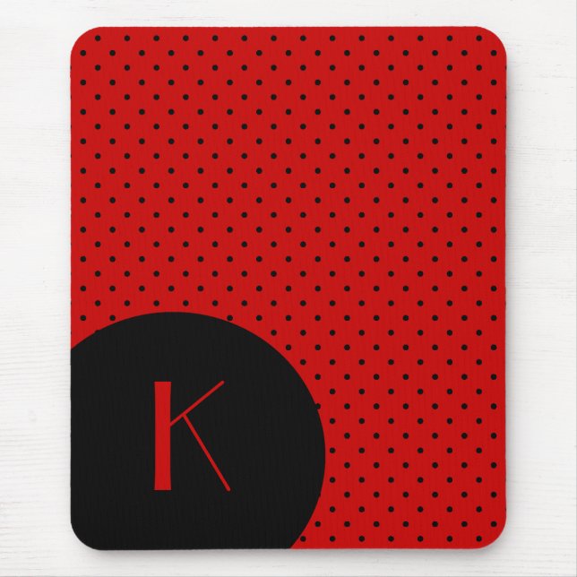 Mousepad Monograma vermelho & preto à moda das bolinhas (Frente)