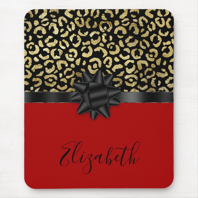 Mousepad Monograma Vermelho Preto Dourado Leopard Impressão (Frente)
