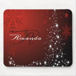 Mousepad Monograma White Stars Tree Flocos de Neve Vermelha