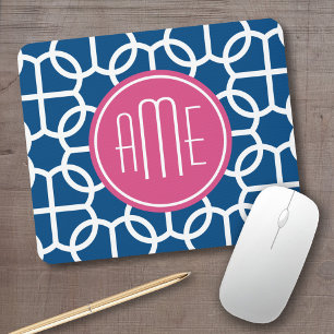 Mousepad Monogramas de padrão geométrico rosa-quente e az