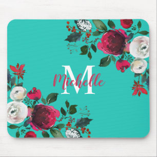 Mousepad Monogrammed floral do rosa da peônia da aguarela
