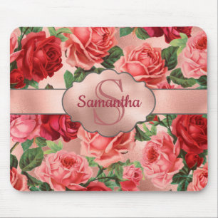 Mousepad Monogrammed floral dos rosas rosas vermelha