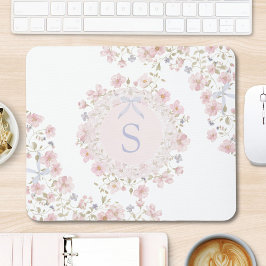 Mousepad Monogrammed Pink Flowers and Lace Floral