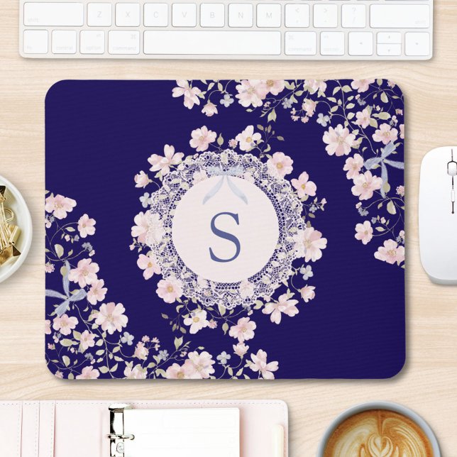 Mousepad Monogrammed Pink Flowers and Lace Floral (In situ)