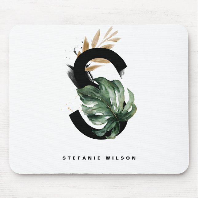 Mousepad Monstera Tropical - Letra S Monograma Personalizad (Frente)