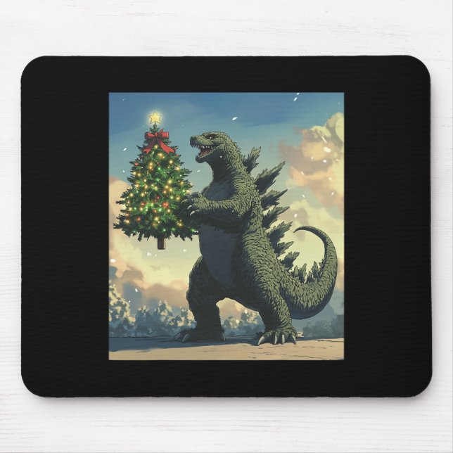 Mousepad Monstro Japonês Kaiju Carregando Árvore de Natal  (Frente)
