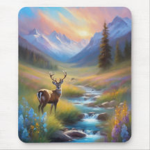 Montanha Stream Deer Wildflower Sunrise Pintura