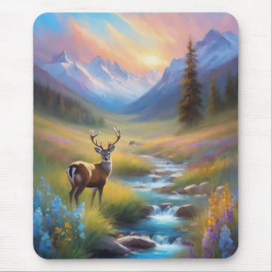 Mousepad Montanha Stream Deer Wildflower Sunrise Pintura