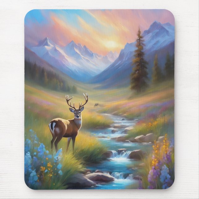 Mousepad Montanha Stream Deer Wildflower Sunrise Pintura (Frente)