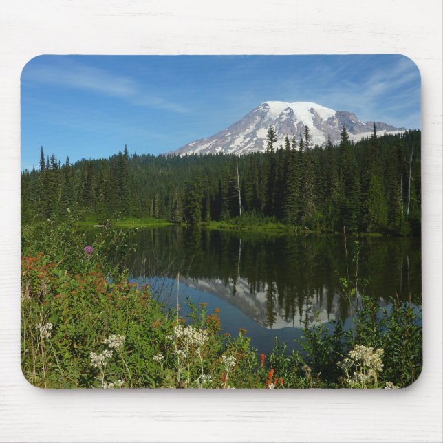 Mousepad Monte Rainier Lake Refletido com flores selvagens (Frente)